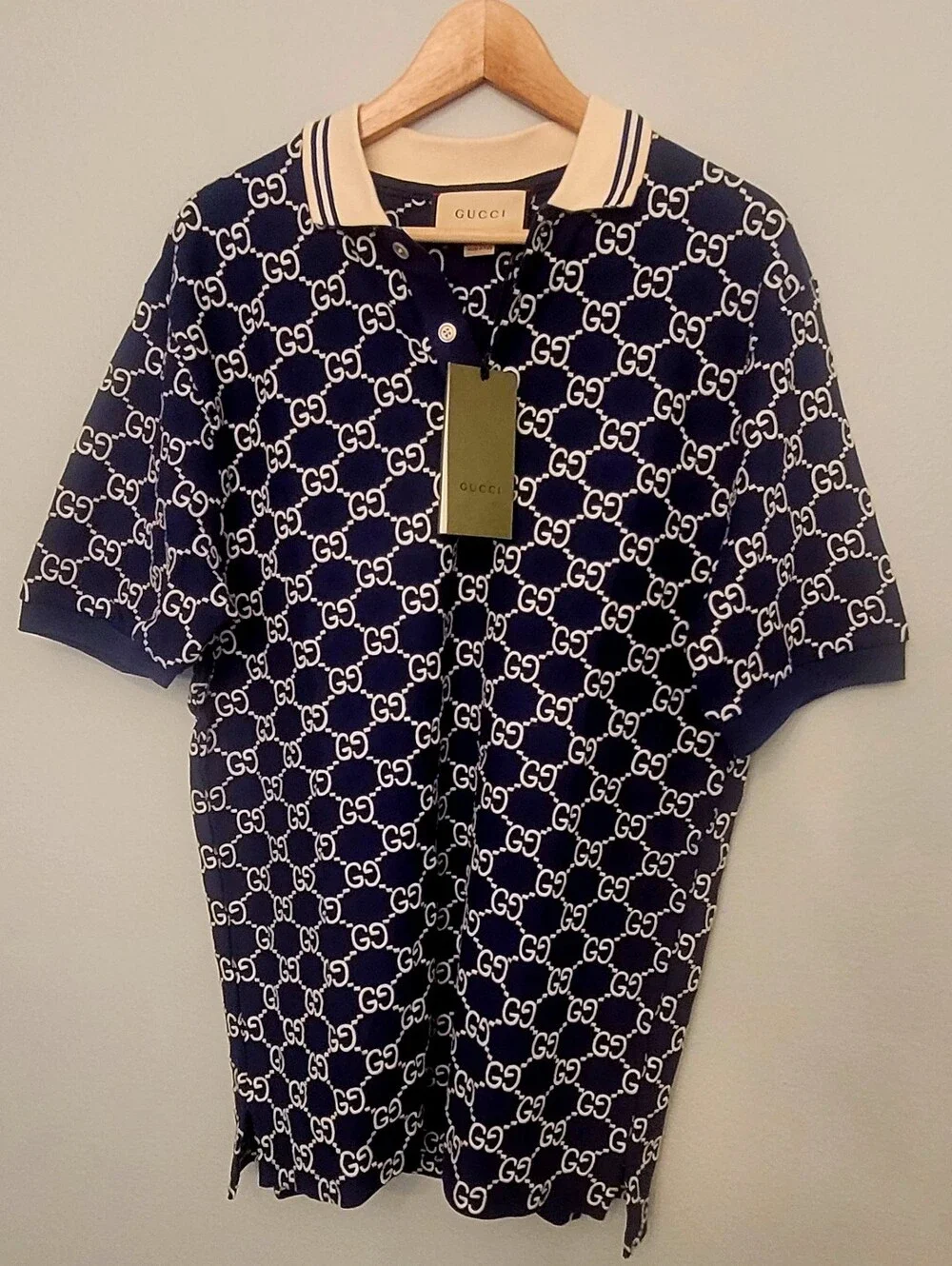 🇮🇹 Gucci Navy Blue GG 👕Jacquard Polo with Cream Collar🇮🇹